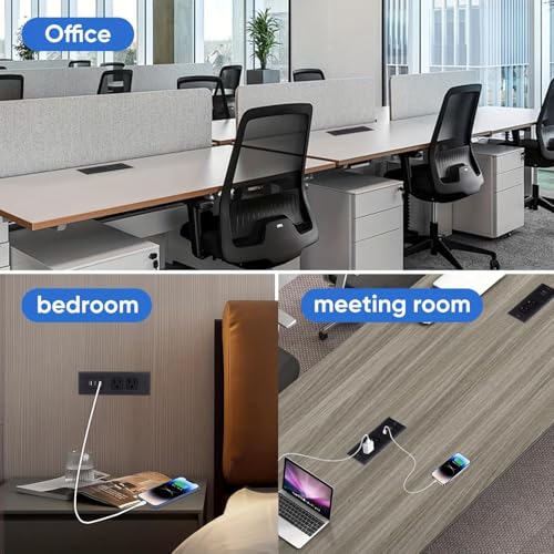 Recessed Power Strip, Flush Mount Power Adapter Charging Station with USB C Plug Multiple Surge Protector Hidden Outlet Extender with Extension Cord for Desk Furniture Table Nightstand Bed (Black)