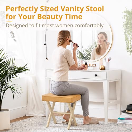 LUE BONA Vanity Stool, Square Linen Makeup Stool with Metal X Legs, Small Ottoman Stool Chair for Vanity, Modern Padded Vanity Seat Foot Rest Stool for Makeup Room, Bathroom, Honey Brown Color - color: Honey Brown