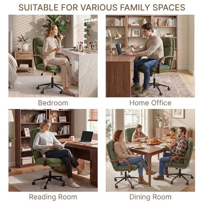 KISLOT Home Office Desk Chair, Ergonomic Office Chair with Lumbar Support, Adjustable Swivel Computer Chair with Wheels, Fabric Executive Task Chair with Wood Arms, Set of 2, Moss Green - color: Moss Green Fabric, size: Set of 2