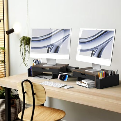 Simple Houseware Desk Dual Monitor Stand Riser with 2 Drawers, Rustic Brown - color: Rustic Brown
