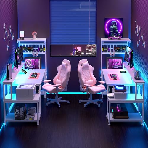 DurayLoly 63" Gaming Desk with RGB LED,Headphone Hook Shelves for Bedroom - color: White, size: 19.6"Dx63"Wx51"H