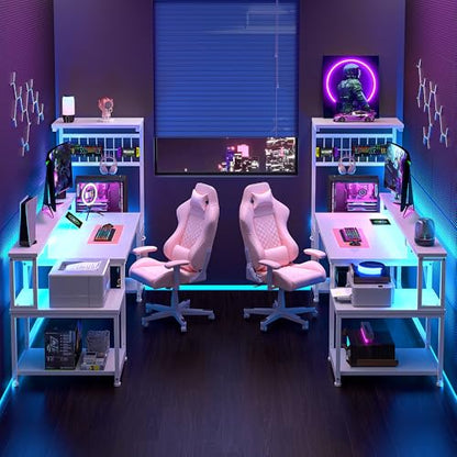 DurayLoly 63" Gaming Desk with RGB LED,Headphone Hook Shelves for Bedroom - color: White, size: 19.6"Dx63"Wx51"H