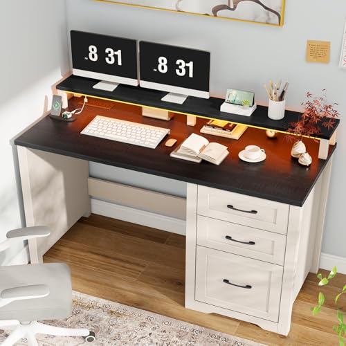 Vabches 47" Farmhouse Executive Desk with 3 Drawers and LED Lights, Black | Computer Desk with Monitor Stand and Power Outlets, File Cabinet, Large Workspace for Work Study Writing - color: Black, size: 3 Drawers & Monitor Stand
