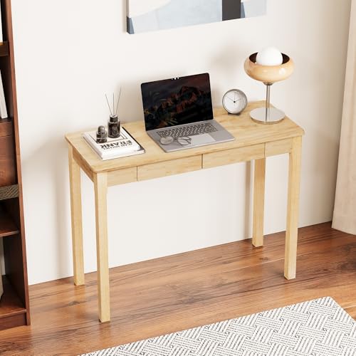 Solid Wooden Desk with Drawers - 39 x 16 Inch Rubberwood Narrow Desks, Simple Modern Study Table, Small Writing Desk for Bedroom|Small Spaces - Natural Boho Desks - color: Natural, size: 39.4 in W x 15.7 in D