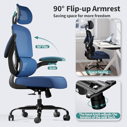 TRALT Office Chair Ergonomic Desk Chair - Gaming Chair with Lumbar Support | 330 LBS Home Office Desk Chairs with Headrest, Reading Chair with Flip-up Armrests, Comfortable Computer Chairs (1, Blue) - color: Dark Blue