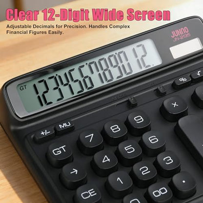 12-Digit Desktop Calculator, Dual Power (Solar & Battery), 7.7inch | Modern Color-Clash Aesthetic Design, Ergonomic Tilted Large LCD Display for Office, School and Accounting (Black) - color: Black