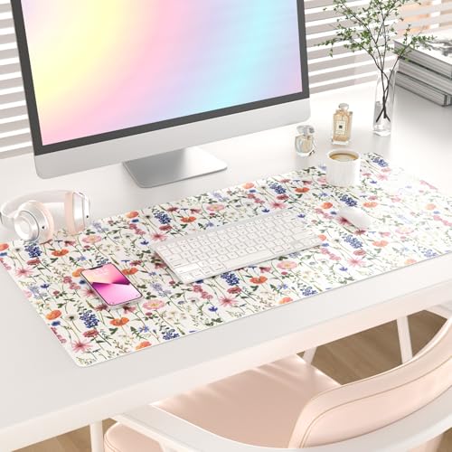 Faux Leather Large Mouse Pad, Office Desk Mat, 31.5"x15.7", Flowers - color: Wildflowers, size: 31.5L x 15.7W inches
