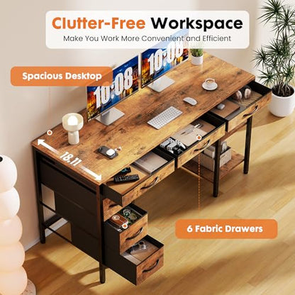 Sweetcrispy 55" Computer Desk with 6 Drawers, Home Office Gaming Desks with Storage Shelves for Bedroom, Writing Study Corner Living Room Work Table Rustic Brown