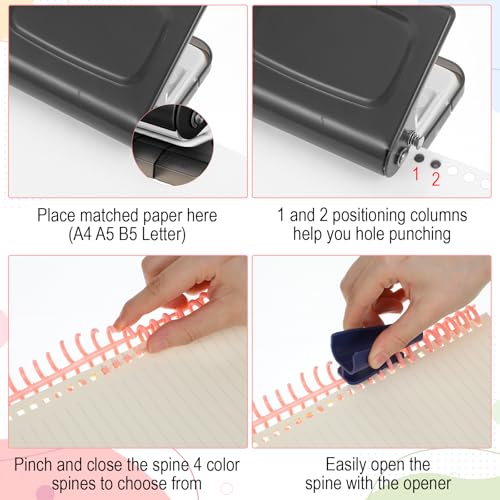 Grey 10-Hole Binding Machine for Planner with 20pcs Comb Binding Spines, Plastic Spiral Bindings Coils，30 Holes on A4,20 Holes on A5,26 Hole on B5,10 Sheet Capacity