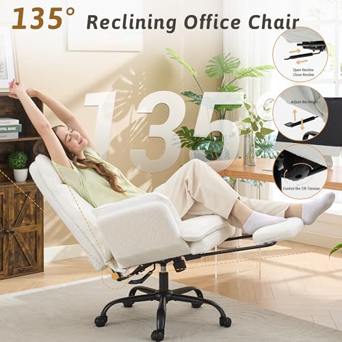 Wider Seat Office Chair with Flip Armrests for Criss Cross Legged&Cats, Big and Tall Executive Ergonomic Reclining Chair with Footrest&Lumbar Pillow, Teddy Fleece Desk Chair,White Vanity Chair - color: White