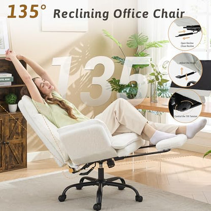 Wider Seat Office Chair with Flip Armrests for Criss Cross Legged&Cats, Big and Tall Executive Ergonomic Reclining Chair with Footrest&Lumbar Pillow, Teddy Fleece Desk Chair,White Vanity Chair - color: White