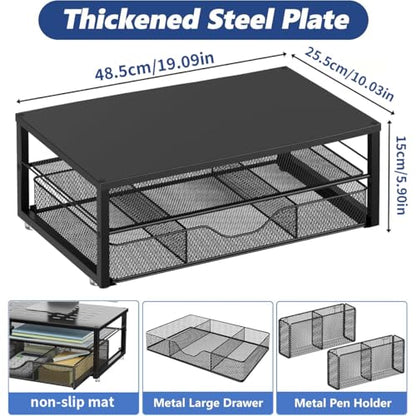 2 Tier Metal Monitor Stand Riser with Drawer, Desk Organizer with 2 Pen Holders Ergonomic Computer Stand for Office Home Dorm