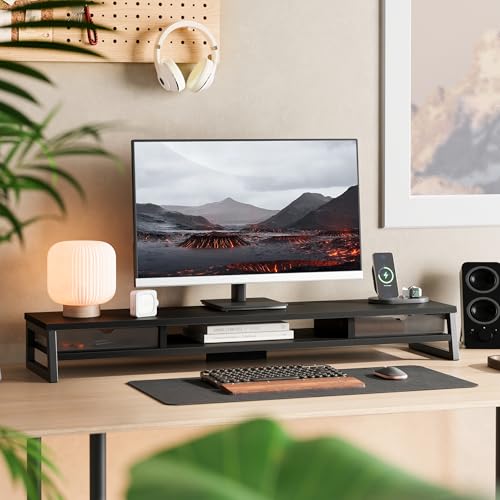 Fenge Dual Monitor Stand Riser, 42.5in Desk Shelf with 2 Drawers, Black - color: Black
