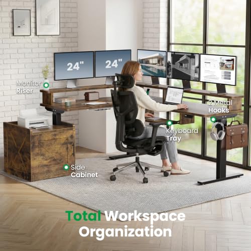 SIAGO 63x55 L-Shaped Standing Desk with Monitor Shelf & Cabinet - color: Rustic Brown, size: 63 x 55 Inch with Cabinet