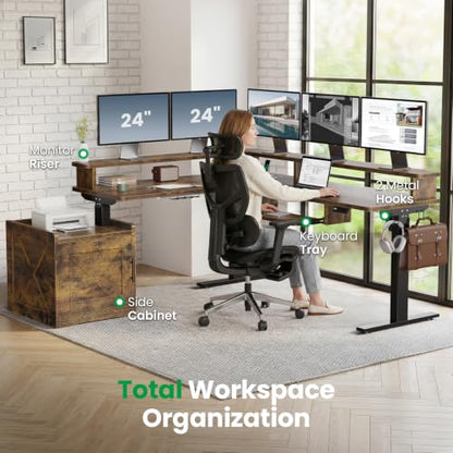 SIAGO 63x55 L-Shaped Standing Desk with Monitor Shelf & Cabinet - color: Rustic Brown, size: 63 x 55 Inch with Cabinet