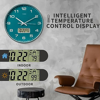 Wall Clock, 14" Large Dial Non-Ticking Silent Battery Operated Analog with LCD Display for Perpetual Calendar and F° Temperature, Ideal Modern Home, Bedroom, Kitchen, Office Decor(Green) | Perpetual calendar, Fahrenheit temperature, easy-to-read analog di
