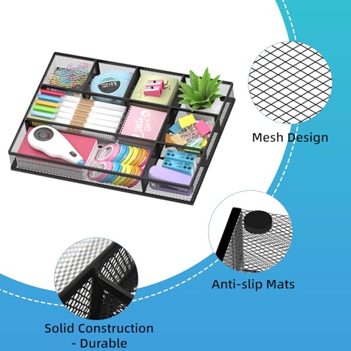 SUPEASY 2 Pack Mesh Drawer Organizer, Metal Desk Drawer Organizer Tray with 8 Adjustable Compartments, Desk Organizers and Accessories for Office Supplies, Kitchen, Makeup & Vanity (Black)