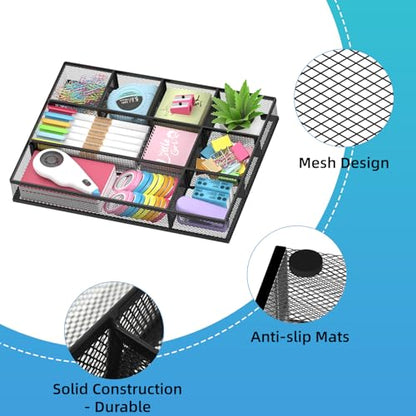 SUPEASY 2 Pack Mesh Drawer Organizer, Metal Desk Drawer Organizer Tray with 8 Adjustable Compartments, Desk Organizers and Accessories for Office Supplies, Kitchen, Makeup & Vanity (Black)