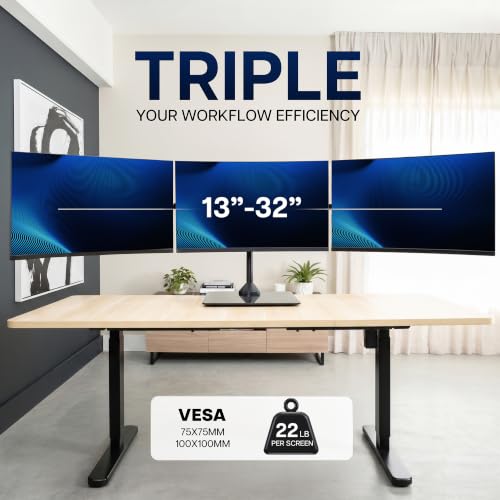 VIVO Black Triple Monitor Mount, Freestanding Triple Monitor Arm Stand for Desk with Glass Base, Heavy Duty Fully Adjustable Stand for 3 Screens up to 32 inches, Black, STAND-V332FG - size: 13" to 32" Screens