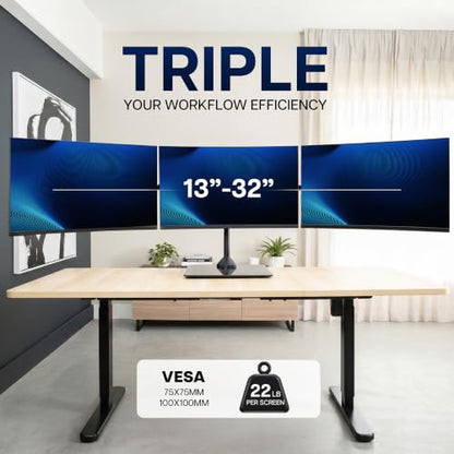 VIVO Black Triple Monitor Mount, Freestanding Triple Monitor Arm Stand for Desk with Glass Base, Heavy Duty Fully Adjustable Stand for 3 Screens up to 32 inches, Black, STAND-V332FG - size: 13" to 32" Screens