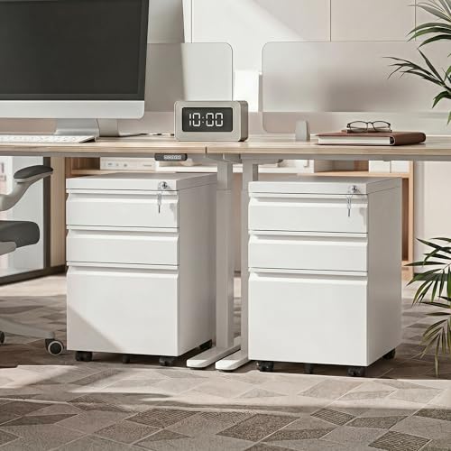 DEVAISE 3 Drawer Mobile File Cabinet, Fully Assembled Except Casters | Under Desk Metal Filing Cabinet with Lock for Home Office, Fits Letter/Legal/A4 Sizes, White - color: White, size: 17"D x 15"W x 24"H
