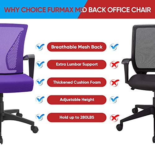Furmax Office Chair Ergonomic Computer Desk Mesh Chair Mid Back Swivel Lumbar Support with Armrest (1, Violet) - color: Violet