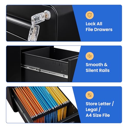 MIIIKO Mobile Filing Cabinet 3 Drawer, Rolling Small File Cabinet with Keys Under Desk, Modern Black Filing Cabinets for Home Office with Anti-tilt Wheels, A4/Letter/Legal Hanging File Drawers - color: Black, size: 3Drawer-23"H