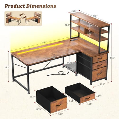 DurayLoly 55"Computer Desk with 3 Drawers & Shelf for Bedroom & Home Office - color: Brown, size: 18.9"D x 55.1"W x 59"H