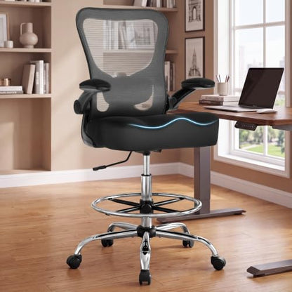 500LBS Ergonomic Drafting Chair Tall Office Chair for Counter Height or Standing Desk, Executive High Office Chairs with W-Shaped Thick Seat Cushion, Footrest Ring & Breathable Fabric, Black - color: Black