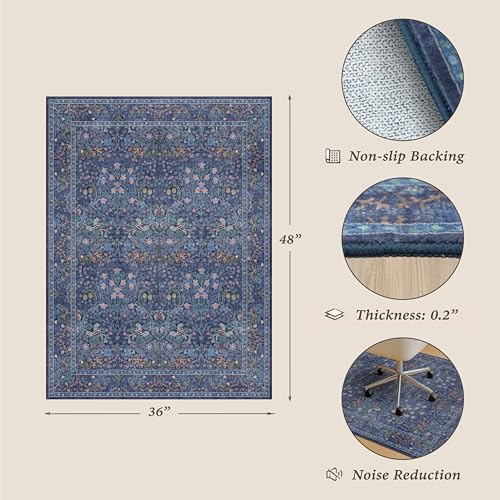 JTJ Office Chair Mat for Hardwood Floors 36" x 48", Boho Under Desk Rug with Non-Slip Backing, Machine Washable Low-Pile Floor Protector for Rolling Computer Chair, 3x4 Navy Blue - color: Forest - Dark Blue, size: 3' x 4'