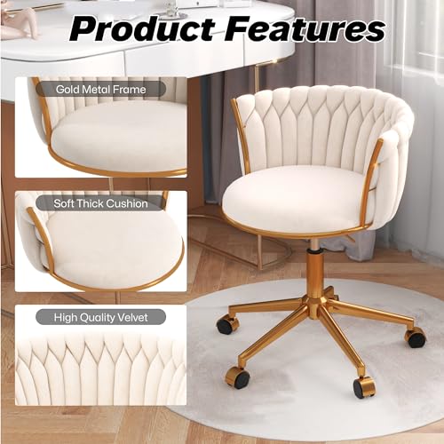 HENGJIANYI Velvet Woven Home Swivel Vanity Desk Chair with Gold Base, Beige | Modern Height Adjustable Office Chair with Metal Base and Hand Weaving Back Wheels for Bedroom Study Small Space girl women - color: Beige