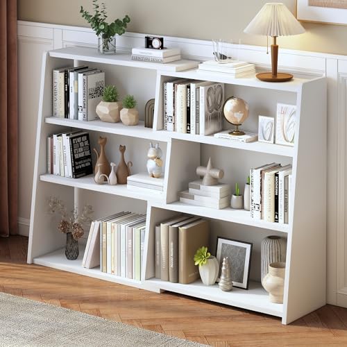 IOTXY Wooden Extendable Shelf Bookcase, 3-Tier Low Bookshelf, White, L | Adjustable Two-piece Design, 6 Open Cubbies, Extends 31.5"-59.1" for Straight Walls, Corners, and Small Spaces - color: White, size: Large
