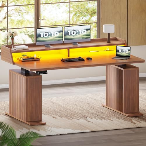 SEDETA Standing Desk with Storage, 55" Fluted Stand Up Desk with Power Outlets and LED Lights, Height-Adjustable Table with Monitor Shelf for Home Office & Gaming, Brown - color: Brown