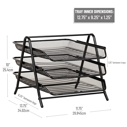 Mind Reader 3-Tier Paper Tray, Desktop Organizer, File Storage, Workspace, Office, Metal Mesh, 11.75"L x 13.75"W x 10"H, Black - color: Black