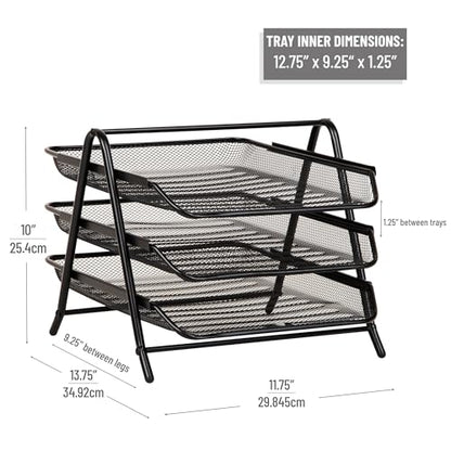 Mind Reader 3-Tier Paper Tray, Desktop Organizer, File Storage, Workspace, Office, Metal Mesh, 11.75"L x 13.75"W x 10"H, Black - color: Black