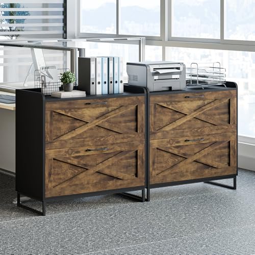 Vabches 2 Drawer Lateral File Cabinet with Charging Station, Brown & Black - color: Rustic Brown