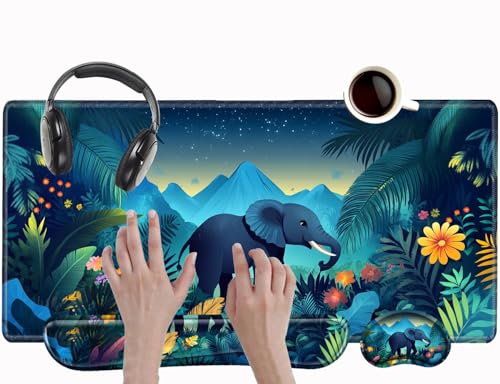 Elephant Mouse Pad and Keyboard Wrist Rest Animal Desk Mat Set Gaming Mousepad with Wrist Support XXL Computer Mat 31.5" x 15.75" Mouse Mat for Work Game Home Office - color: Elephant
