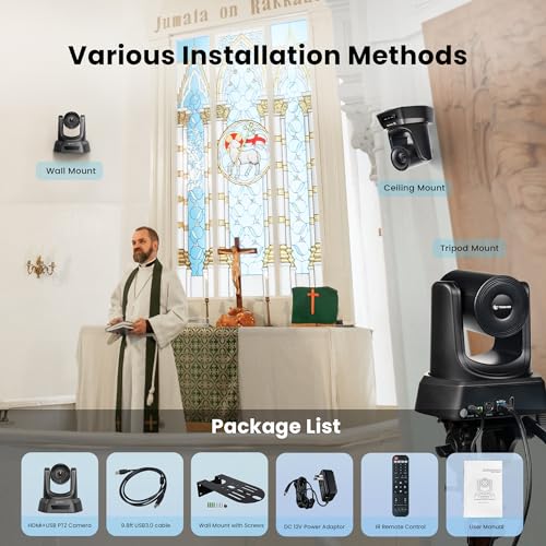 TONGVEO Conference Room PTZ Camera System with 20X Optical Zoom, AI Auto Tracking 1080P 60fps HDMI USB Webcam for Church Streaming Online Video Conference,Compatible with Zoom, OBS Easy Setup - color: Black
