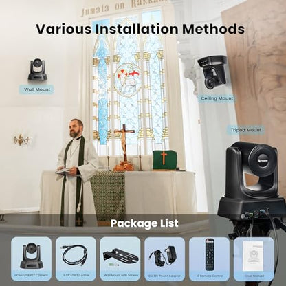 TONGVEO Conference Room PTZ Camera System with 20X Optical Zoom, AI Auto Tracking 1080P 60fps HDMI USB Webcam for Church Streaming Online Video Conference,Compatible with Zoom, OBS Easy Setup - color: Black