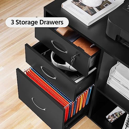 Yaheetech Mobile File Cabinet with Lock, 3-Drawer Printer Stand, Black | Lockable drawer, open shelves, and a printer top organize office files; mobile wood-finish cabinet on wheels, holds 220 lb. - color: Black