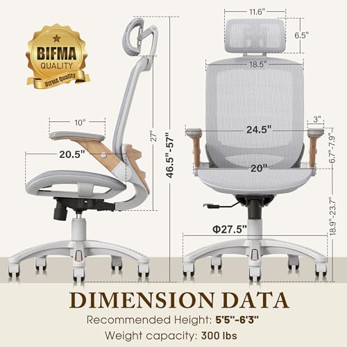 GABRYLLY Ergonomic Office Chair, High Back Home Desk Chair with Flip-Up Arms, Headrest, 90-120° Tilt and Wide Cushion, 300LBS White Mesh Chair for Work Gaming Study (GY01-NT, Woodgrain Pattern) - color: White Frame Moon Grey Mesh