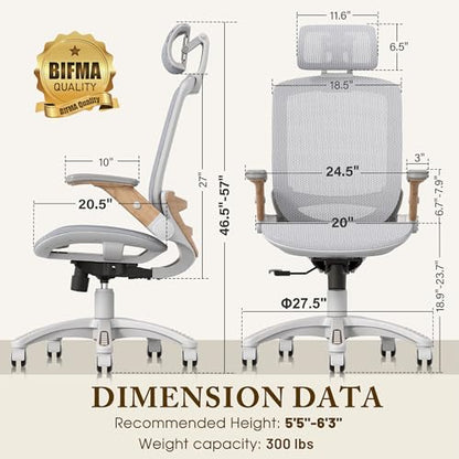 GABRYLLY Ergonomic Office Chair, High Back Home Desk Chair with Flip-Up Arms, Headrest, 90-120° Tilt and Wide Cushion, 300LBS White Mesh Chair for Work Gaming Study (GY01-NT, Woodgrain Pattern) - color: White Frame Moon Grey Mesh