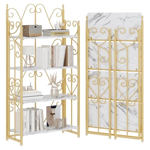 JSB 4 Tier Folding Bookshelf,Industrial Storage Shelves, No Assembly Vintage Wood Look Bookshelf with Storage Shelves for Living Room, Bedroom, Office (White and Gold) - color: White and Gold, size: 4-Tier-S