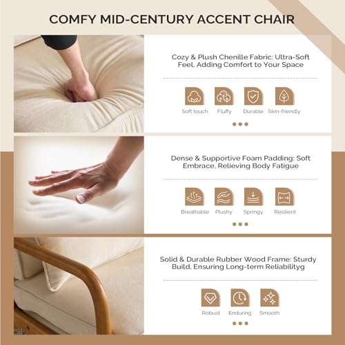 VINGLI Chenille Mid-Century Modern Accent Chair Set of 2, Cute Reading Arm Chair with Cushion & Lumbar Pillow & Solid Wood Frame for Lounge, Living Room, Reading Room, Bedroom,Cream - color: Cream