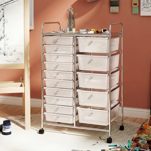 RELAX4LIFE 15-Drawer Rolling Storage Cart - Utility Cart with Metal Frame, Lockable Wheels & Removable Drawers, Multipurpose Art Craft Organizer for Home Office, Classroom (Clear) - color: Clear, style: 15 Drawers-38"
