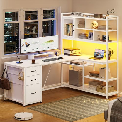 SEDETA 58'' L Shaped Computer Office Desk with 3 Drawers and Bookshelf - color: White