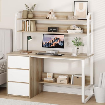 MaverickFurni 55 Inch Computer Desk with Hutch and 3 Drawers, Natural Oak - color: Natural Oak, size: 55"W
