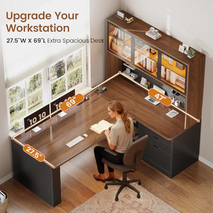 SEDETA L Shaped Computer Office Desk with 3 Wood Drawer and Large Bookshelf - color: Brown