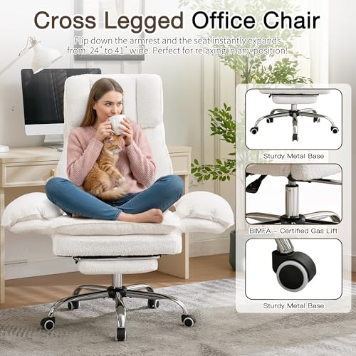 JOMEED Cloud Cross Legged Office Chair with Footrest,Flip Armrest,White - color: White