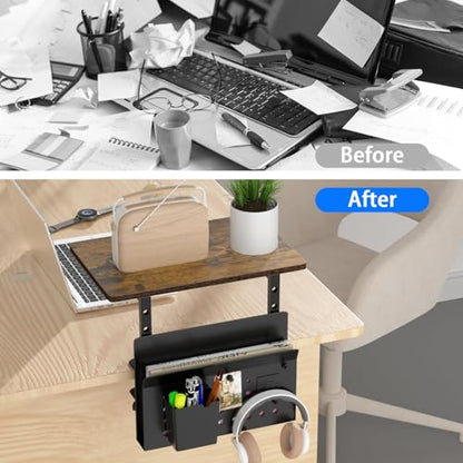 Desk Extender, Clamp On Desk Shelf Organizer, with Side Storage Steel Frame & 15 inch Wood Desktop Supplies Rack Clamp Mount Table Hanging Storage for Home Office Fits Flat Edge Tables 0.3" to 2.3"